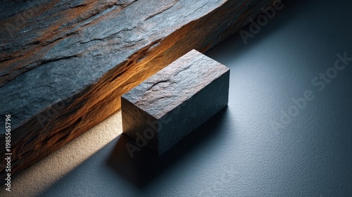 Textured stone block resting on dark surface with ambient lighting creating shadows and highlights for artistic and architectural design concepts