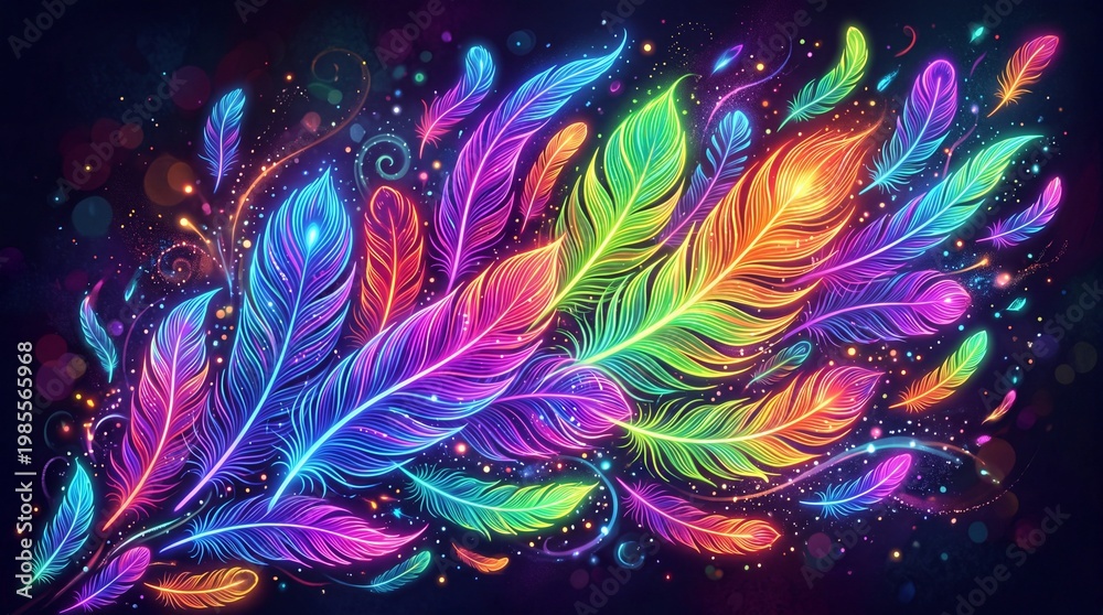 Fototapeta premium A vibrant and colorful illustration of neon feathers in a rainbow
