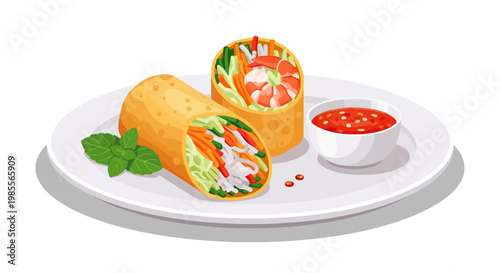 Delicious Vietnamese spring rolls with fresh shrimp vegetables and spicy dipping sauce on a white plate in vector style