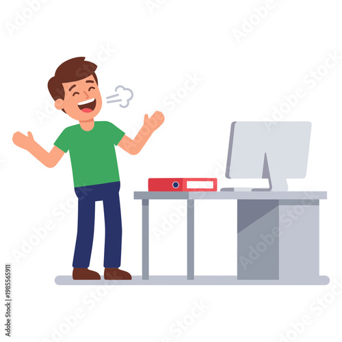 Man standing at office desk feeling frustrated with computer