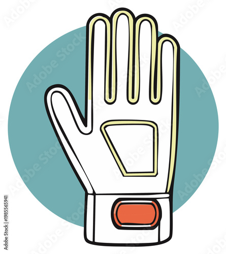 Isolated sports glove illustration in cartoon style with outline and wrist band against a teal circle