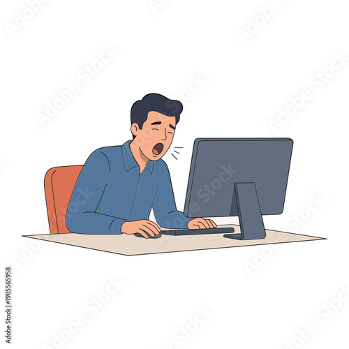 Man yawns while working on a computer at his desk in office