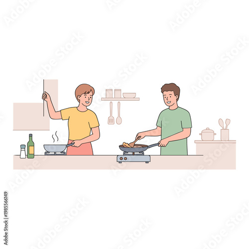 Two men cooking together in a kitchen with utensils and food
