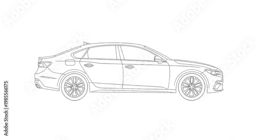 Sleek gray sedan car line art illustration showcasing modern design and aerodynamic profile on a white background; ideal for automotive visuals