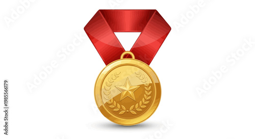 Gold medal with red ribbon featuring a star and laurel wreath in a glossy vector illustration for awards and achievements