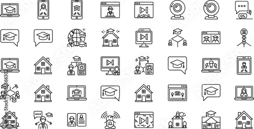 Online education e-learning line icons set remote school virtual class study outline vector symbols collection