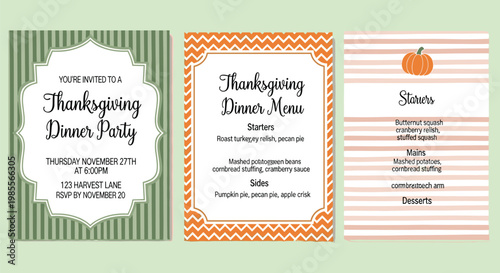 A collection of three thanksgiving themed invites and menus detailing dinner party information and food items high quality professional detailed modern elegant stylish