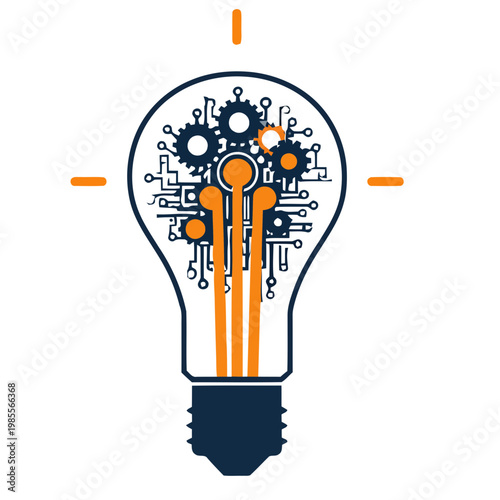 Vector illustration of a light bulb icon containing gears and electronic circuits, representing technical innovation, smart ideas, and engineering solutions on a clean white background.