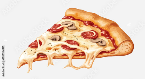 Vector illustration of a mouthwatering slice of pepperoni pizza with melted cheese and mushrooms on a crispy crust; gourmet Italian food