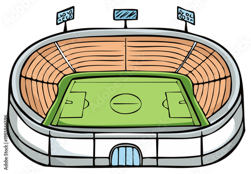 Cartoon illustration of an empty soccer or football stadium with a green field and grandstands
