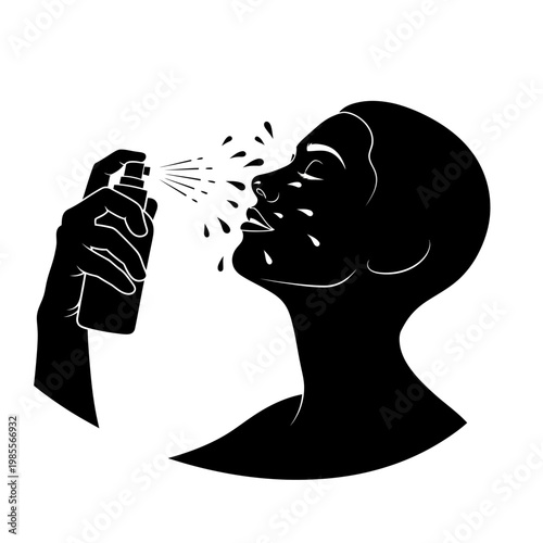 Black silhouette of a person spraying nasal spray, medical icon, health care vector, allergy relief