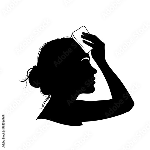 Black silhouette of a woman, heat stressed, wiping sweat with a cloth, vector illustration