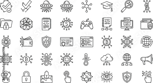 Cybersecurity technology blockchain AI line icons set network protection digital innovation outline vector symbols collection