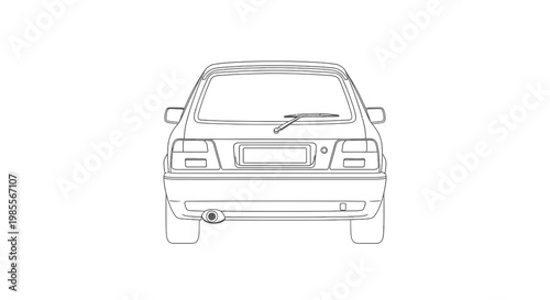 Rear view line art of a compact car vector drawing; automotive design vehicle outline minimalist art transportation concept clear background