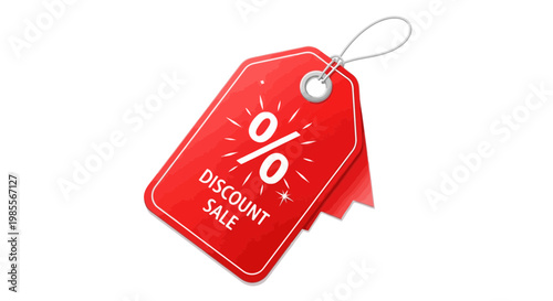 Red discount tag with percentage sign for shopping sale promotion; graphic tag features jagged edges and a string attached