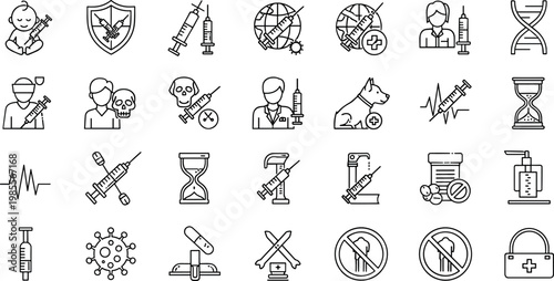 Vaccination immunization healthcare line icons set syringe virus prevention medical protection outline vector symbols collection