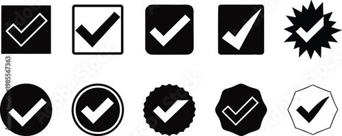 Diverse checkmark icon set black and white vector symbols for approval and validation