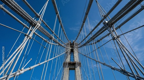 Suspension bridge tower stands tall against a clear blue sky with intricate steel cables creating geometric patterns.