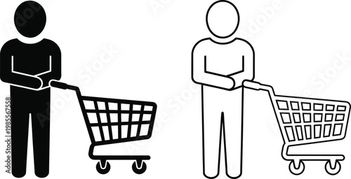 Shopping icon set black and white line art of people with shopping carts