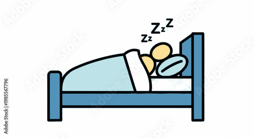 Cartoon illustration of a person sleeping soundly in a blue bed with zzz symbols indicating deep sleep isolated on white