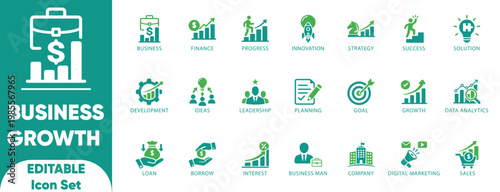 Business Growth Icon Set. editable, leadership, profit, progress, solution, strategy, illustration, and Solid icon collection. Vector illustration.