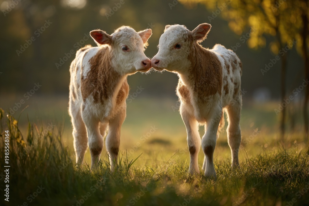 Fototapeta premium two baby calves touching noses in green meadow with warm sunlight and soft background, livestock farming, agriculture, cute animal interaction, rural countryside concept