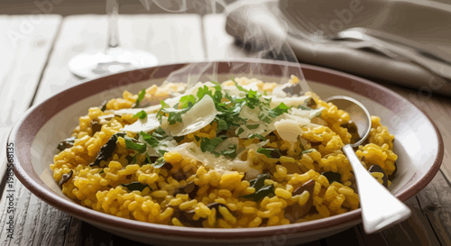 Delicious mushroom risotto in a rustic bowl topped with parmesan cheese and parsley presented on a wooden table in a cartoon style