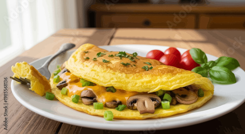 Delicious mushroom and cheese omelette with fresh basil and tomatoes on white plate in cartoon style; tasty breakfast dish
