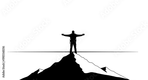 Man standing on mountain peak triumphantly.