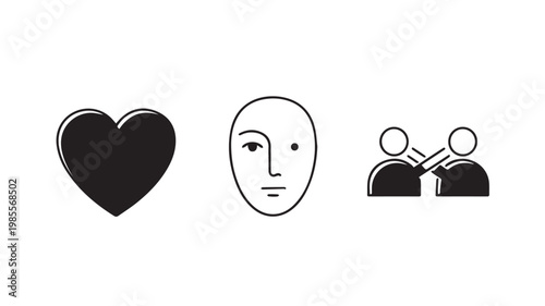 Simple black and white line art icons for love and relationships