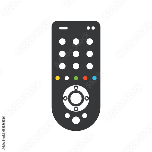 A black digital wireless remote control isolated on white background features an electronic keypad with buttons for modern communication technology and cellular equipment display