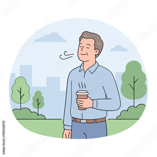 Man enjoys coffee in city park on a sunny day with trees