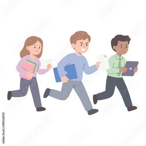 Students run quickly down school hallway with books and laptop