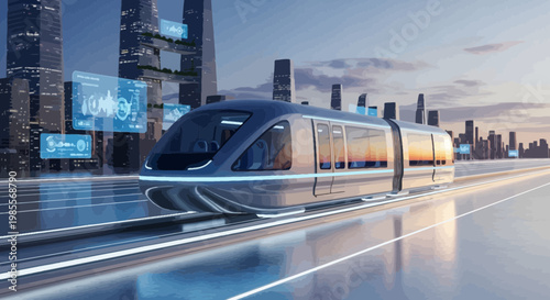 Futuristic train on elevated track with city skyline and digital overlay graphics cartoon style with blue and gray tones