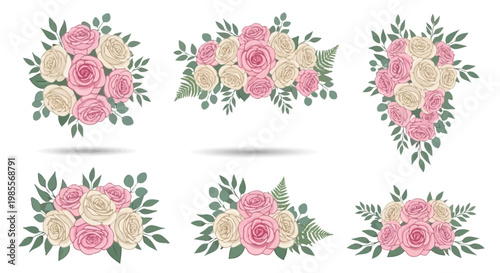 Collection of pink and white roses.