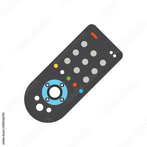 A black digital wireless remote control isolated on white background features an electronic keypad with buttons for modern communication technology and cellular equipment display