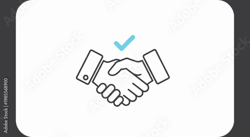 Handshake icon symbolizing partnership agreement with check mark vector line art illustration symbolizing success in business white background