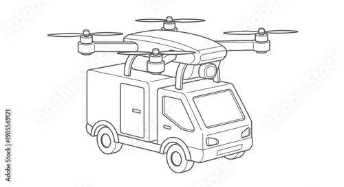 Isometric line art illustration of a delivery van carrying a camera drone for fast package shipping and modern technology concept