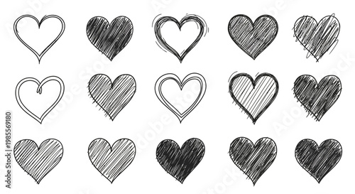 Black and white hand drawn hearts.