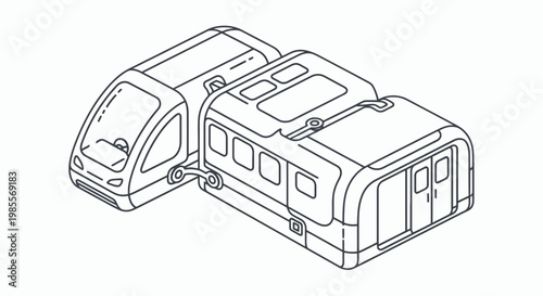 Isometric outline train carriage with passenger module for city travel and public transportation design in minimalist line art style