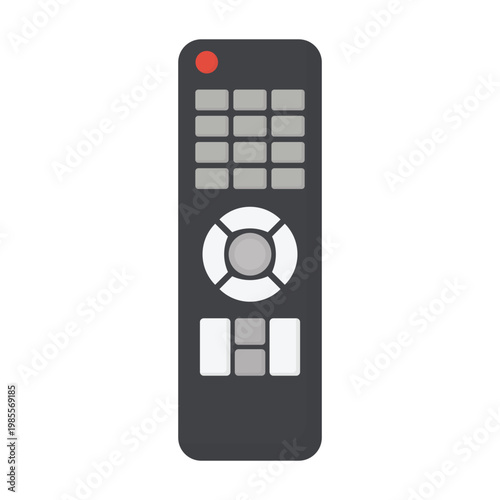 A black digital wireless remote control isolated on white background features an electronic keypad with buttons for modern communication technology and cellular equipment display