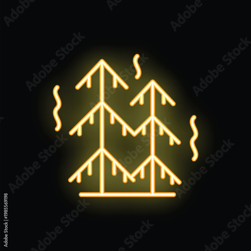 Neon sign depicting three pine trees burning in wildfire on black background