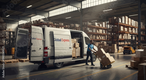 Man unloading delivery van with cardboard boxes inside warehouse loading goods with trolley; cartoon style illustration