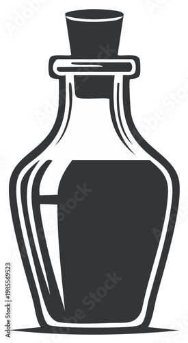 Black and white illustration of an apothecary bottle with a cork top.