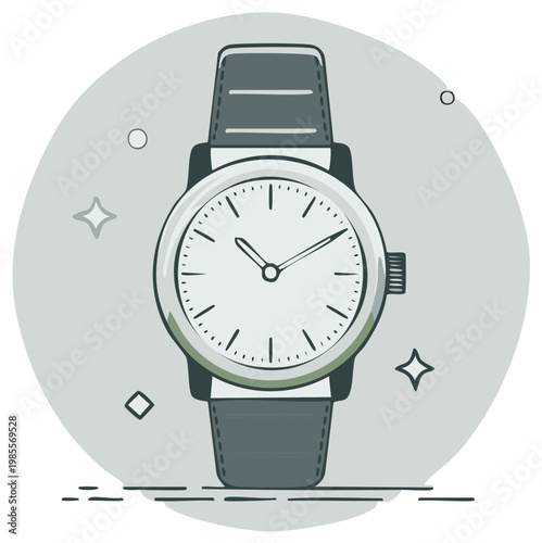 Wristwatch illustration with a gray leather band and a round clock face on a gray circular background.