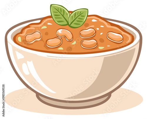 Vector illustration of a hearty bowl of bean soup or chili with a fresh leaf garnish