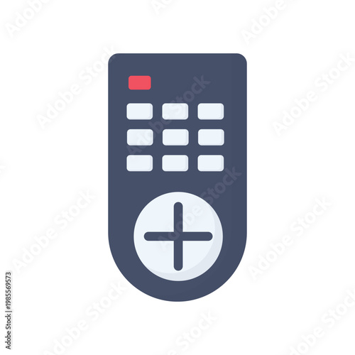 A black digital wireless remote control isolated on white background features an electronic keypad with buttons for modern communication technology and cellular equipment display