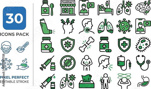 Pharmacy illness and respiratory health green line vector icon set