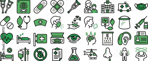 First aid medical emergency and treatment green line vector icons