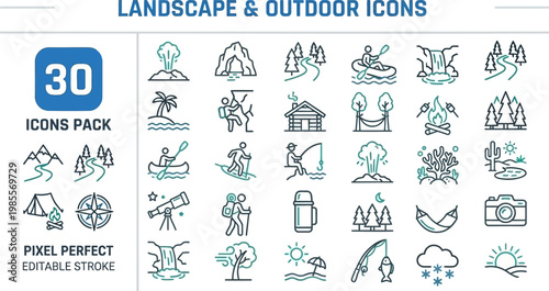 Landscape outdoor recreation and hiking line vector icons with teal accents